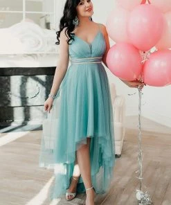 Ever-Pretty US V Neck High-low Hem Pleated Tulle Prom Dress Prom Dresses