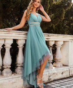 Ever-Pretty US V Neck High-low Hem Pleated Tulle Prom Dress Prom Dresses