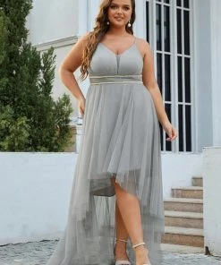 Ever-Pretty US V Neck High-low Hem Pleated Tulle Prom Dress Prom Dresses