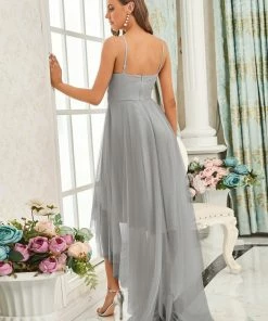 Ever-Pretty US V Neck High-low Hem Pleated Tulle Prom Dress Prom Dresses