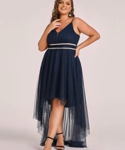 Ever-Pretty US Plus Size V Neck High-low Hem Pleated Tulle Prom Dress