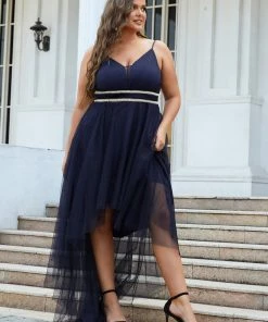 Ever-Pretty US Plus Size V Neck High-low Hem Pleated Tulle Prom Dress