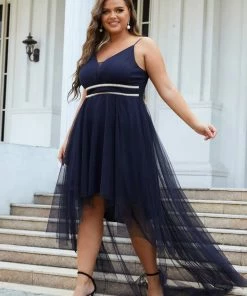 Ever-Pretty US Plus Size V Neck High-low Hem Pleated Tulle Prom Dress