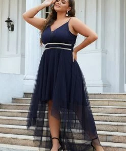 Ever-Pretty US Plus Size V Neck High-low Hem Pleated Tulle Prom Dress
