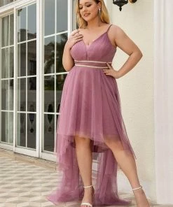 Ever-Pretty US Plus Size V Neck High-low Hem Pleated Tulle Prom Dress