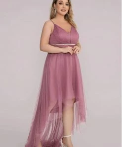 Ever-Pretty US Plus Size V Neck High-low Hem Pleated Tulle Prom Dress