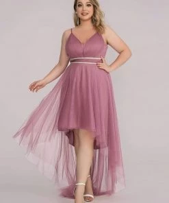Ever-Pretty US Plus Size V Neck High-low Hem Pleated Tulle Prom Dress