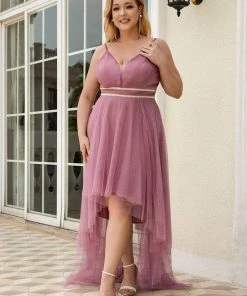 Ever-Pretty US Plus Size V Neck High-low Hem Pleated Tulle Prom Dress