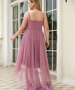 Ever-Pretty US Plus Size V Neck High-low Hem Pleated Tulle Prom Dress
