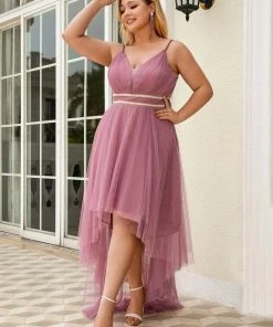 Ever-Pretty US Plus Size V Neck High-low Hem Pleated Tulle Prom Dress
