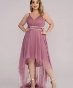 Ever-Pretty US Plus Size V Neck High-low Hem Pleated Tulle Prom Dress