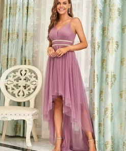 Ever-Pretty US V Neck High-low Hem Pleated Tulle Prom Dress Prom Dresses
