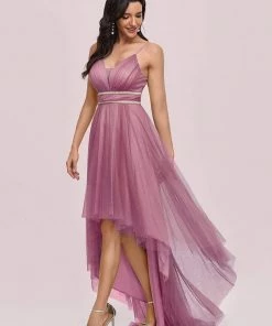 Ever-Pretty US V Neck High-low Hem Pleated Tulle Prom Dress Prom Dresses