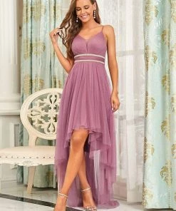Ever-Pretty US V Neck High-low Hem Pleated Tulle Prom Dress Prom Dresses