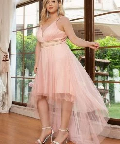 Ever-Pretty US Plus Size V Neck High-low Hem Pleated Tulle Prom Dress