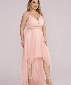 Ever-Pretty US Plus Size V Neck High-low Hem Pleated Tulle Prom Dress