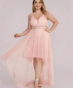 Ever-Pretty US Plus Size V Neck High-low Hem Pleated Tulle Prom Dress