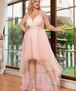 Ever-Pretty US Plus Size V Neck High-low Hem Pleated Tulle Prom Dress