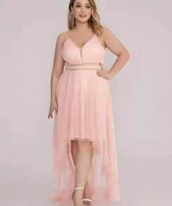 Ever-Pretty US Plus Size V Neck High-low Hem Pleated Tulle Prom Dress