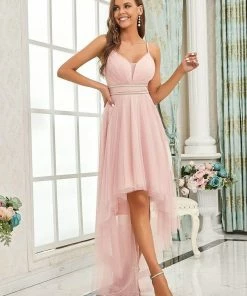Ever-Pretty US V Neck High-low Hem Pleated Tulle Prom Dress Prom Dresses