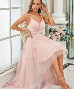 Ever-Pretty US V Neck High-low Hem Pleated Tulle Prom Dress Prom Dresses