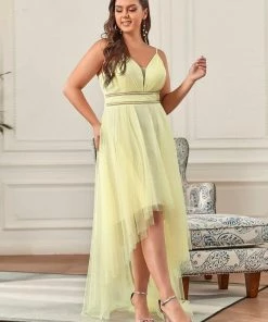 Ever-Pretty US Plus Size V Neck High-low Hem Pleated Tulle Prom Dress