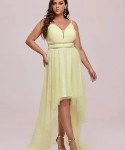 Ever-Pretty US Plus Size V Neck High-low Hem Pleated Tulle Prom Dress