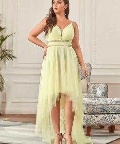 Ever-Pretty US Plus Size V Neck High-low Hem Pleated Tulle Prom Dress