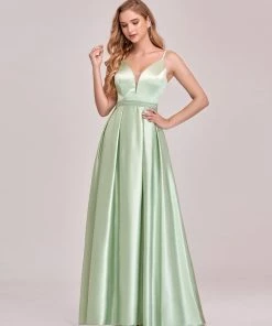 Ever-Pretty US Summer Dresses 2022 Custom Size Deep V Neck Satin Spaghetti Straps Prom Dresses