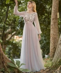 Ever-Pretty US SHOP BY OCCASION Women's Flowy A-Line Maxi Tulle Prom Dress With Appliques