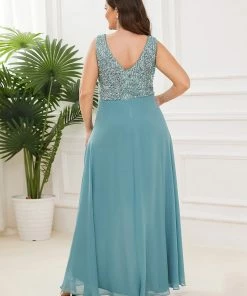 Ever-Pretty US Elegant Paillette & Chiffon V-neck A-line Sleeveless Plus Size Evening Dresses