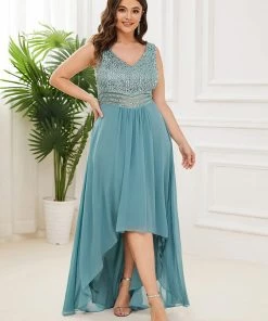 Ever-Pretty US Elegant Paillette & Chiffon V-neck A-line Sleeveless Plus Size Evening Dresses