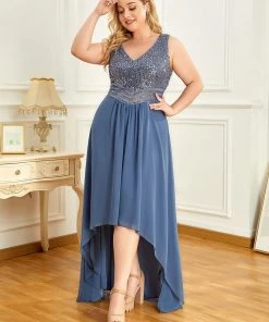 Ever-Pretty US Elegant Paillette & Chiffon V-neck A-line Sleeveless Plus Size Evening Dresses