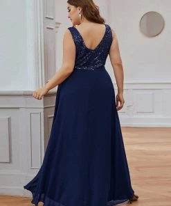 Ever-Pretty US Elegant Paillette & Chiffon V-neck A-line Sleeveless Plus Size Evening Dresses