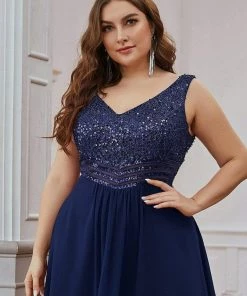 Ever-Pretty US Elegant Paillette & Chiffon V-neck A-line Sleeveless Plus Size Evening Dresses