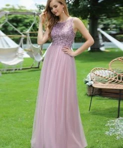 Ever-Pretty US Adorable Round Neck Tulle Backless Evening Dress With Paillette