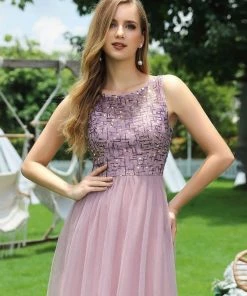 Ever-Pretty US Adorable Round Neck Tulle Backless Evening Dress With Paillette