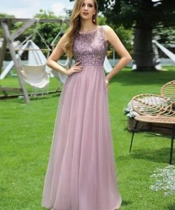 Ever-Pretty US Adorable Round Neck Tulle Backless Evening Dress With Paillette