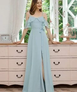 Ever-Pretty US Dainty Chiffon Bridesmaid Dresses With Ruffles Sleeves With Side Slit