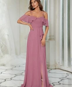 Ever-Pretty US Dainty Chiffon Bridesmaid Dresses With Ruffles Sleeves With Side Slit