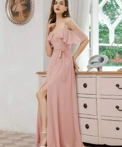 Ever-Pretty US Dainty Chiffon Bridesmaid Dresses With Ruffles Sleeves With Side Slit