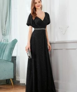 Ever-Pretty US SHOP BY OCCASION Flattering Double V-neck Evening Dresses With Puff Sleeves