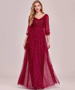 Ever-Pretty US Elegant Maxi V Neck Tulle Evening Dress With Shiny Dot