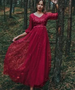 Ever-Pretty US Elegant Maxi V Neck Tulle Evening Dress With Shiny Dot