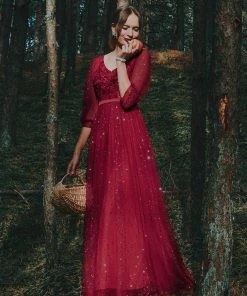 Ever-Pretty US Elegant Maxi V Neck Tulle Evening Dress With Shiny Dot