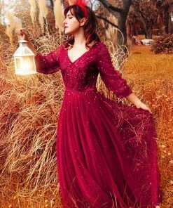 Ever-Pretty US Elegant Maxi V Neck Tulle Evening Dress With Shiny Dot