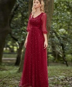 Ever-Pretty US Elegant Maxi V Neck Tulle Evening Dress With Shiny Dot