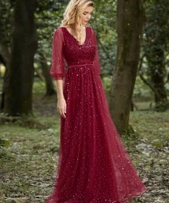 Ever-Pretty US Elegant Maxi V Neck Tulle Evening Dress With Shiny Dot