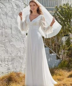 Ever-Pretty US Long Sleeve Appliqued Chiffon Elopement Wedding Dress