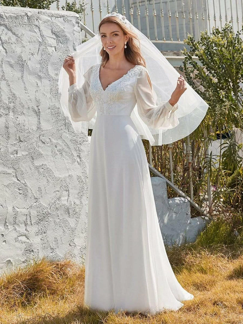 Ever-Pretty US Long Sleeve Appliqued Chiffon Elopement Wedding Dress 1 Ever-Pretty US Long Sleeve Appliqued Chiffon Elopement Wedding Dress